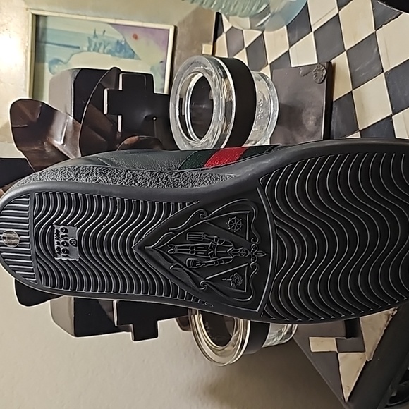 Gucci Ace Black Leather Python Embossed Leather Lace Up Sneakers Men size12 - Picture 3 of 7